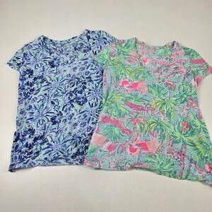 Lilly Pulitzer Shirts Womens‎ XS Lot 2 V-Neck Short Sleeve Printed Flamingo Blue